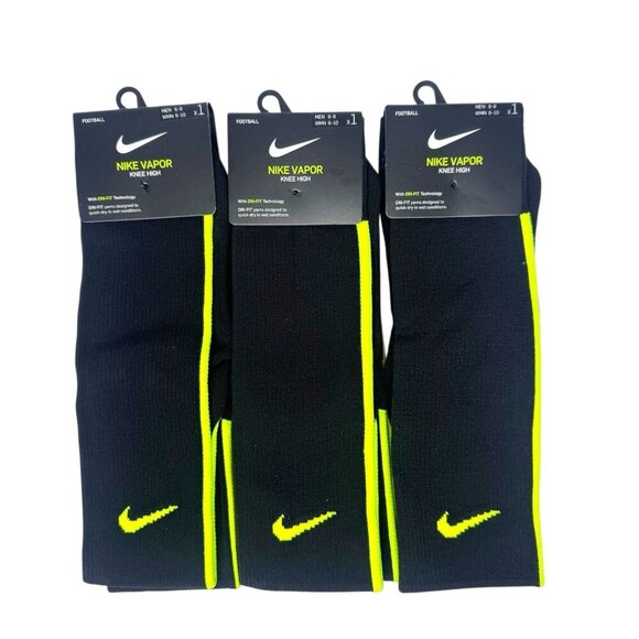 Lot Of 3 Nike Vapor Knee High Dri-Fit Football Socks Black Neon Yellow Sz 6-8 - Picture 1 of 4